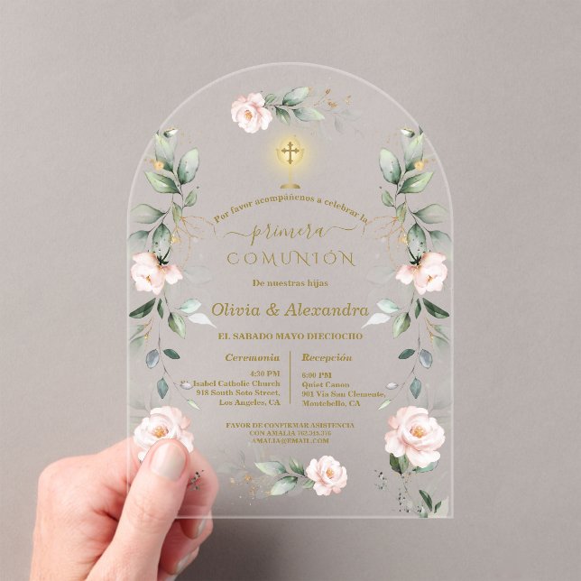 Pink Floral Primera Comunión Twins Holy Communion Acryleinladungen (Insitu (Handheld))