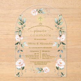 Pink Floral Primera Comunión Twins Holy Communion Acryleinladungen