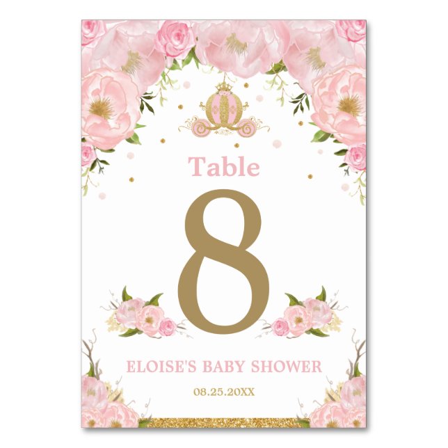Pink Floral Princess Carriage Girl Babydusche Tischnummer (Vorderseite)