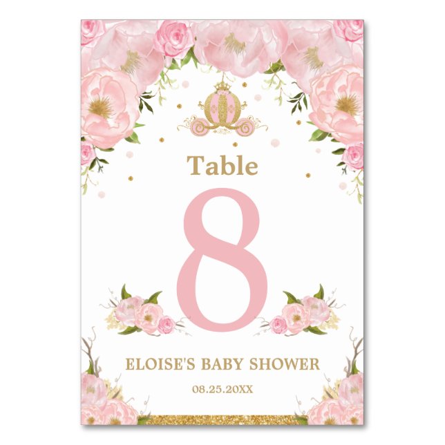 Pink Floral Princess Carriage Girl Babydusche Tischnummer (Vorderseite)