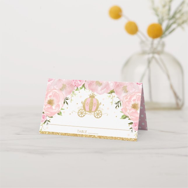 Pink Floral Princess Pumpkin Carriage Guest Name Platzkarte (Vorderseite)