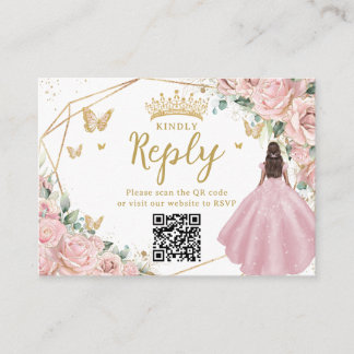 Pink Floral Princess Quinceanera RSVP QR Code Begleitkarte