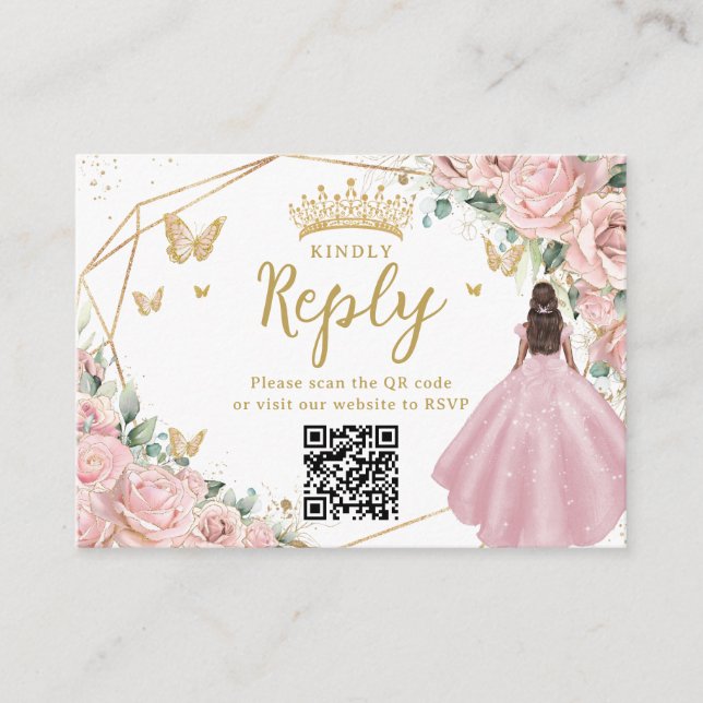 Pink Floral Princess Quinceanera RSVP QR Code Begleitkarte (Vorderseite)