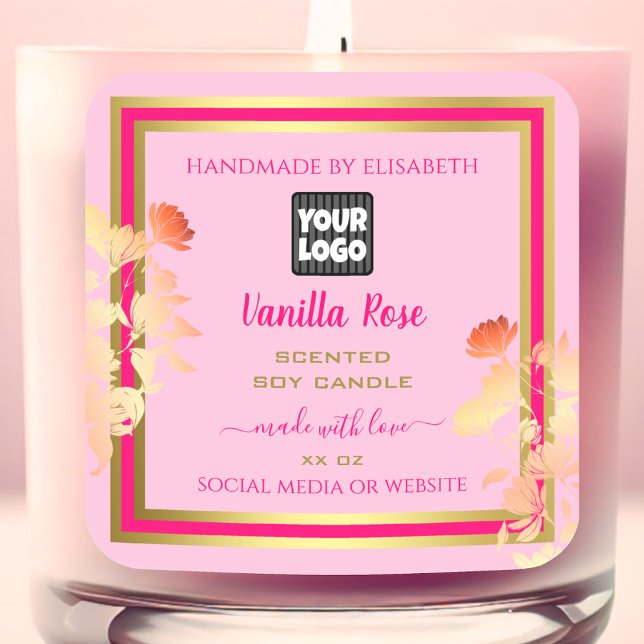 Pink Floral Product Packaging Labels Custom Logo Quadratischer Aufkleber (Von Creator hochgeladen)