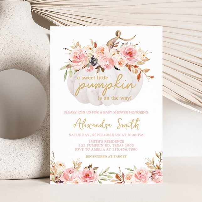 Pink Floral Pumpkin Baby Dusche Einladung (White Pumpkin Pink Floral Baby Shower Invitation)