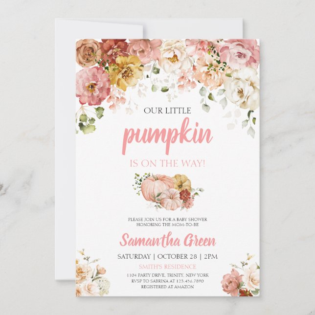 Pink Floral Pumpkin Baby Dusche Einladung (Vorderseite)