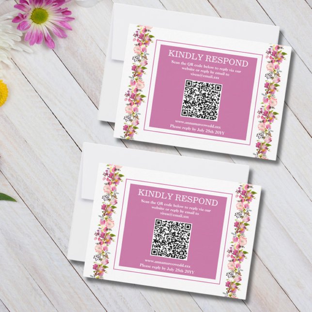 Pink Floral QR Code RSVP Karte (Von Creator hochgeladen)