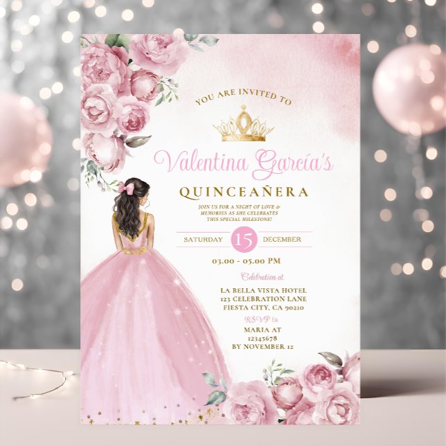 Pink Floral Quinceañera 15 Anos Blume Goldkrone Einladung (Von Creator hochgeladen)