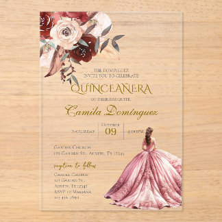 Pink Floral Quinceanera  Acryleinladungen