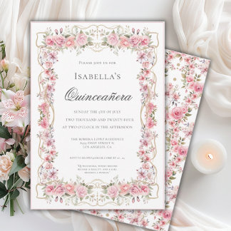 Pink Floral Quinceañera Elegant Celebration 15 Einladung