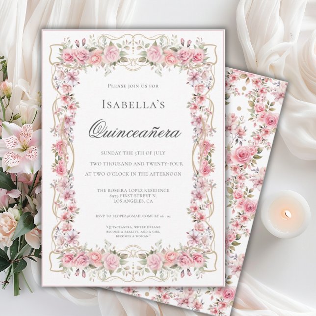 Pink Floral Quinceañera Elegant Celebration 15 Einladung (Von Creator hochgeladen)