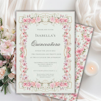 Pink Floral Quinceañera Elegant Celebration 15 Einladung
