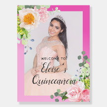 Pink Floral Quinceañera Event-Board Begrüßung