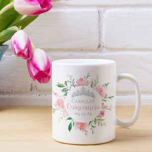 Pink Floral Quinceañera Silver Tiara Personalisier Kaffeetasse