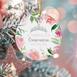 Pink Floral Quinceañera Silver Tiara Weihnachten Keramik Ornament