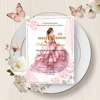 Pink Floral Quinceañera Spanische Einladung