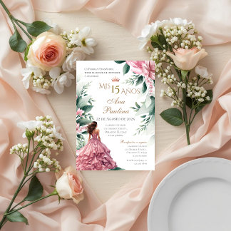 Pink Floral Quinceañera Spanish Invitation Einladung