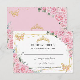 Pink Floral Quinceañera Sweet 16 Butterflies Reply RSVP Karte