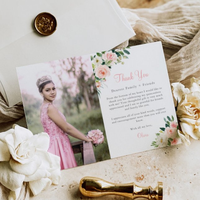 Pink Floral Quinceañera Vielen Dank Ihnen Card 3 F Dankeskarte (Von Creator hochgeladen)