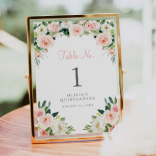 Pink Floral Quinceñera Tischnummer Card Rose