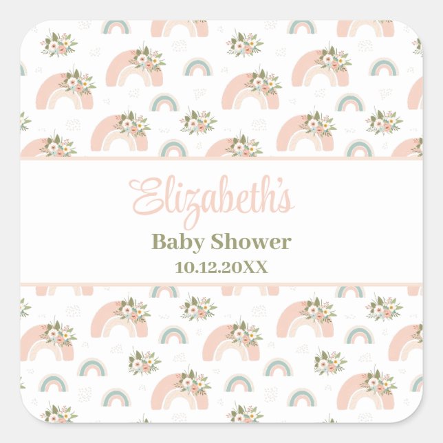 Pink Floral Rainbow Baby Dusche Quadratischer Aufkleber (Vorderseite)