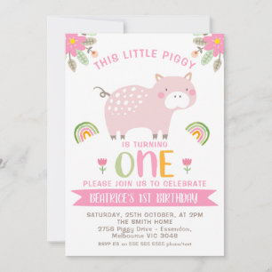 Pink Floral Rainbows Little Piggy 1. Geburtstag Einladung
