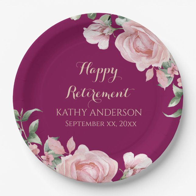Pink Floral Retirement Party Pappteller (Vorderseite)