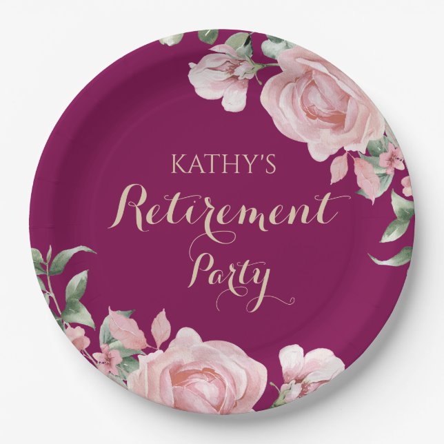 Pink Floral Retirement Party Pappteller (Vorderseite)
