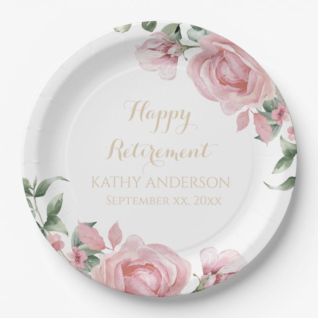 Pink Floral Retirement Party Pappteller (Vorderseite)