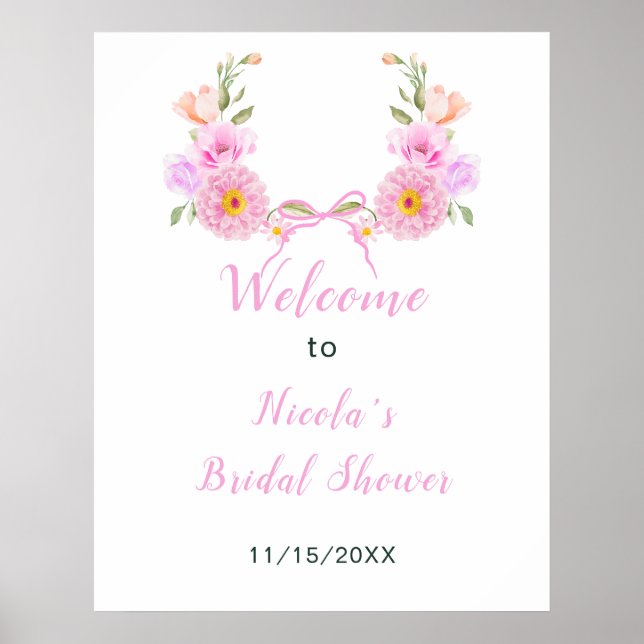 Pink Floral Ribbon Bridal Shower Welcome Poster (Vorne)