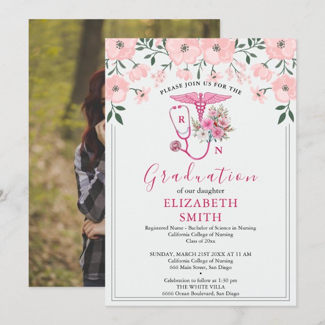 Pink Floral RN Nursing Graduation Invitation | BSN Einladung (Vorne/Hinten)