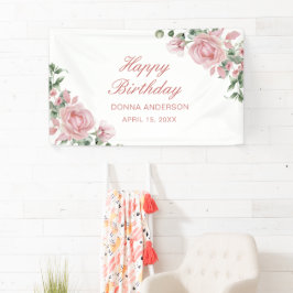 Pink Floral Rose Birthday Party Plate Banner