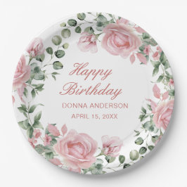 Pink Floral Rose Birthday Party Plate Pappteller