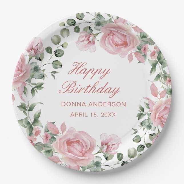 Pink Floral Rose Birthday Party Plate Pappteller (Vorderseite)