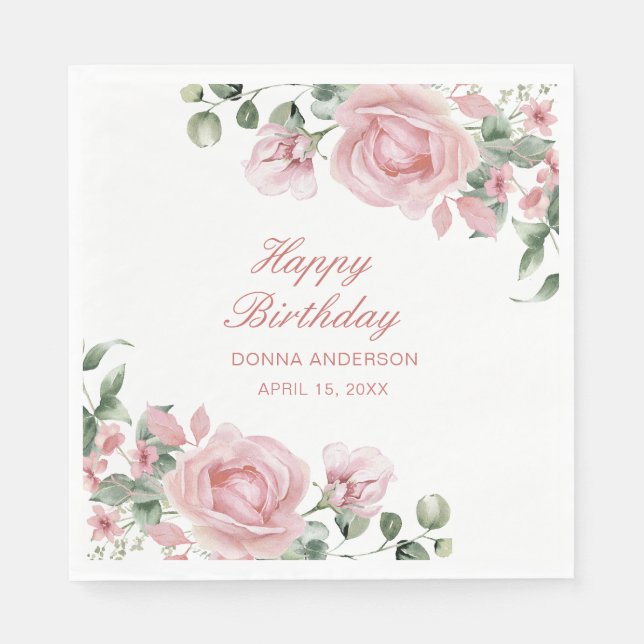 Pink Floral Rose Birthday Party Plate Serviette (Vorderseite)