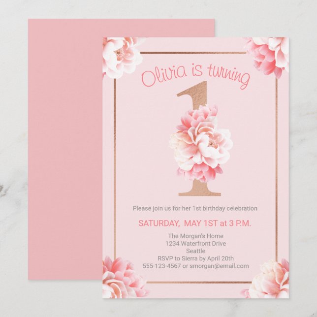 Pink Floral Rose Gold Girl's First Birthday Party Einladung (Vorne/Hinten)