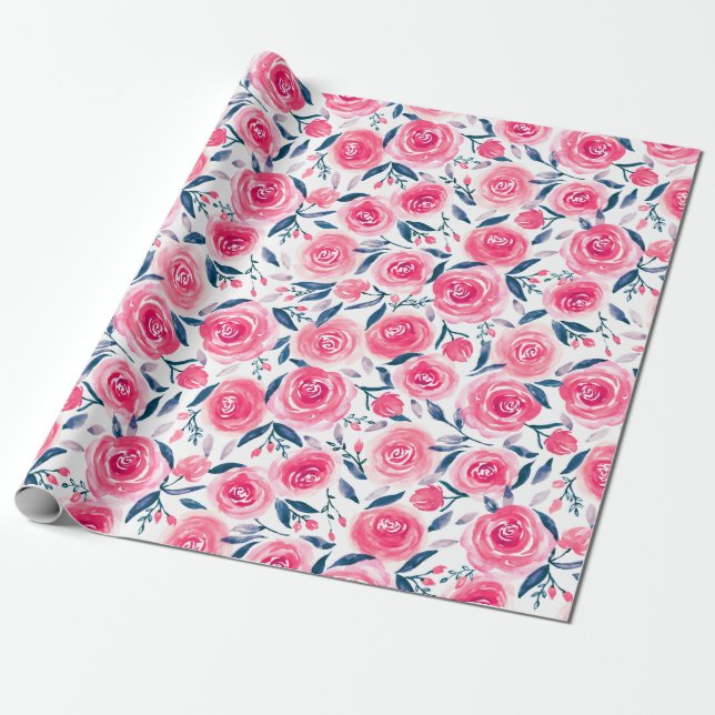Pink Floral Rose Muster Geschenkpapier (Ungerollt)