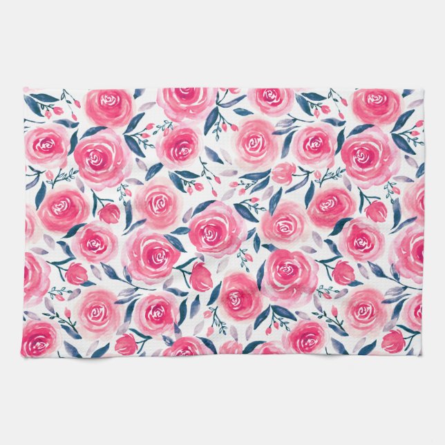 Pink Floral Rose Muster Geschirrtuch (Horizontal)