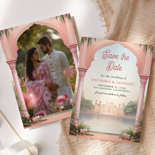 Pink Floral Royal Indian Palace Wedding Foto Save The Date (Von Creator hochgeladen)