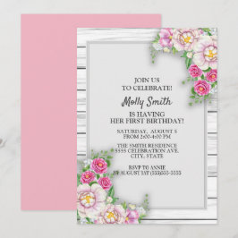 Pink Floral Rustic Wood Baby Girl Erster Geburtsta Einladung