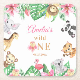 Pink Floral Safari Animals Birthday Rechteckiger Pappuntersetzer