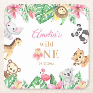 Pink Floral Safari Animals Birthday Rechteckiger Pappuntersetzer