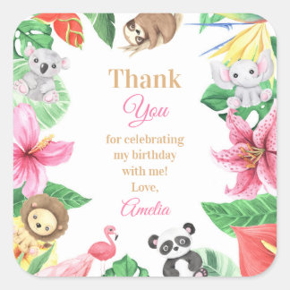 Pink Floral Safari Animals Birthday Thank You Quadratischer Aufkleber