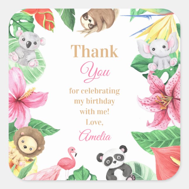 Pink Floral Safari Animals Birthday Thank You Quadratischer Aufkleber (Vorderseite)