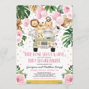 Pink Floral Safari Drive By Baby Showparade Einladung