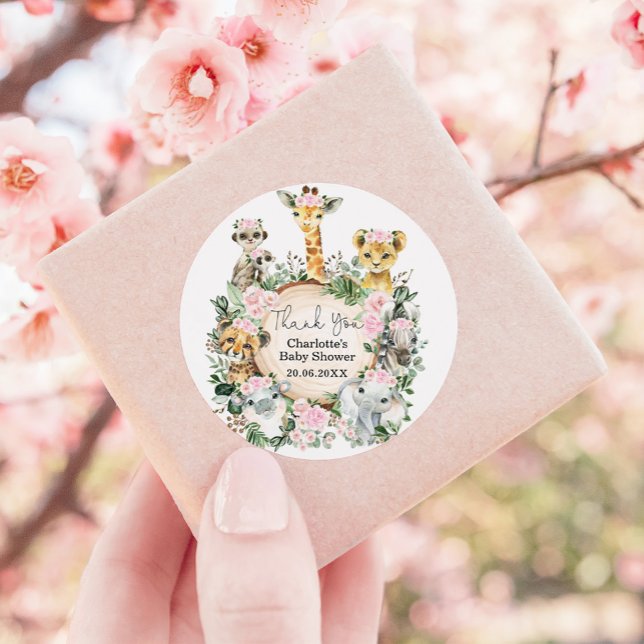 Pink Floral Safari Jungle Wild Animals Baby Dusche Runder Aufkleber (Von Creator hochgeladen)
