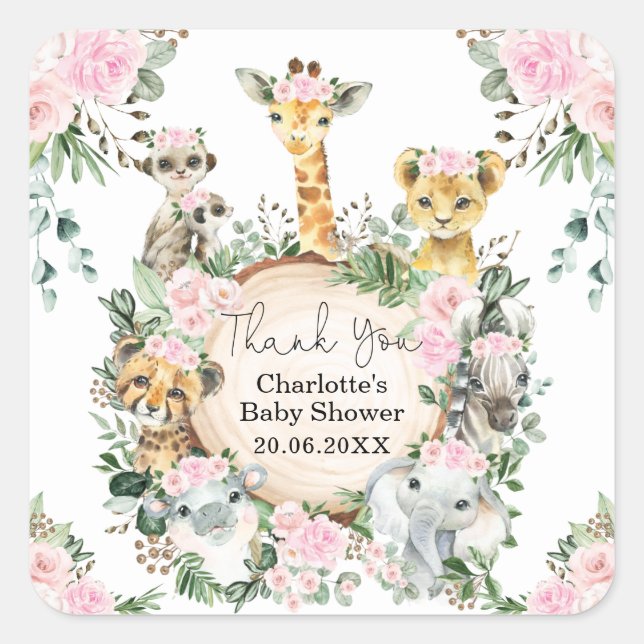 Pink Floral Safari Wilde Tiere Gastgeschenke Quadratischer Aufkleber (Vorderseite)