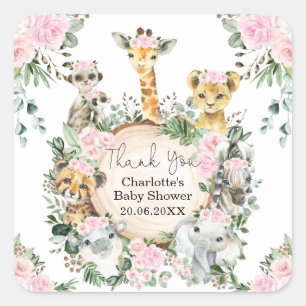 Pink Floral Safari Wilde Tiere Gastgeschenke Quadratischer Aufkleber