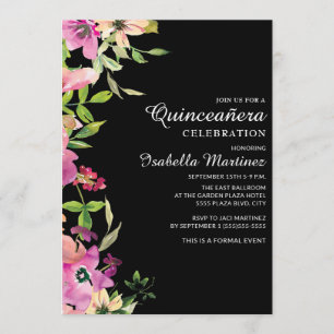 Pink Floral Sage Green Blätter Black Quinceañera Einladung