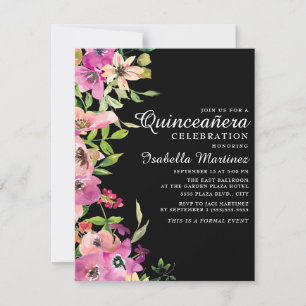 Pink Floral Sage Green Blätter Black Quinceañera Einladung